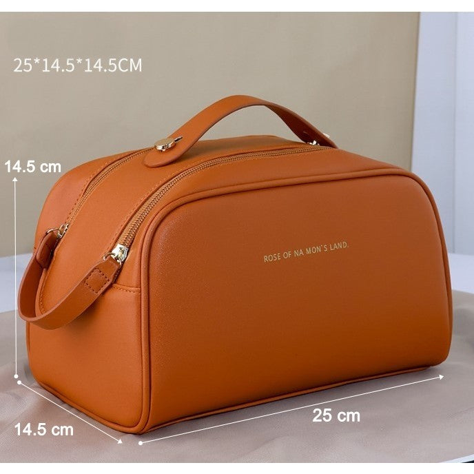 Geanta cosmetice pentru femei Vivimall, material poliuretan, 25 x 14.5 x 14.5 cm, Impermeabila, Maro - vivimall.ro