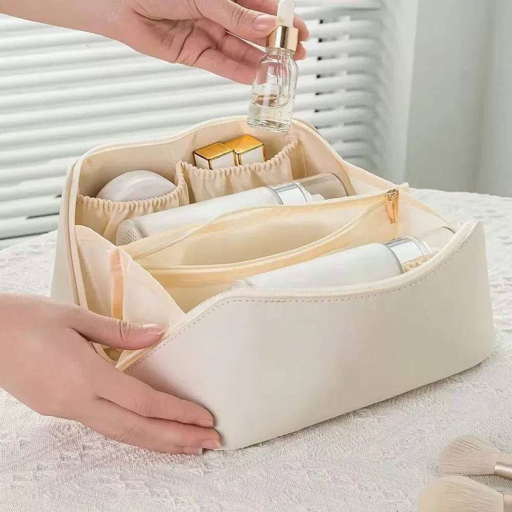 Geanta De Calatorie Pentru Cosmetice, Portabila, Impermeabila, Din Piele Ecologica, Compartimente Multiple, Cu Fermoar, Crem - vivimall.ro
