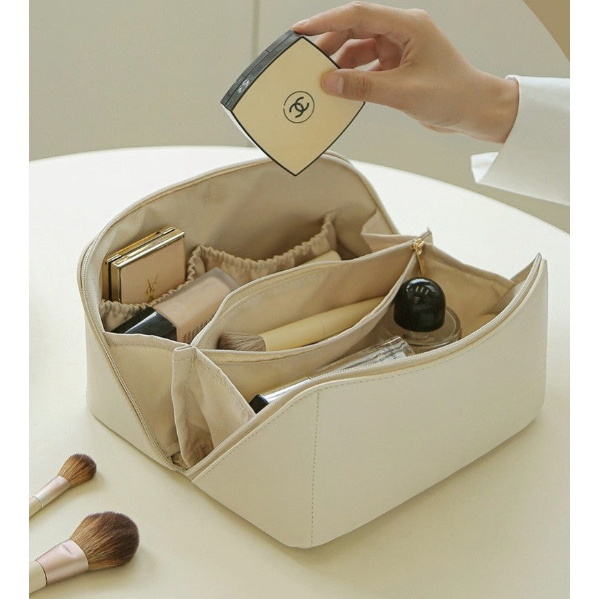 Geanta De Calatorie Pentru Cosmetice, Portabila, Impermeabila, Din Piele Ecologica, Compartimente Multiple, Cu Fermoar, Crem - vivimall.ro