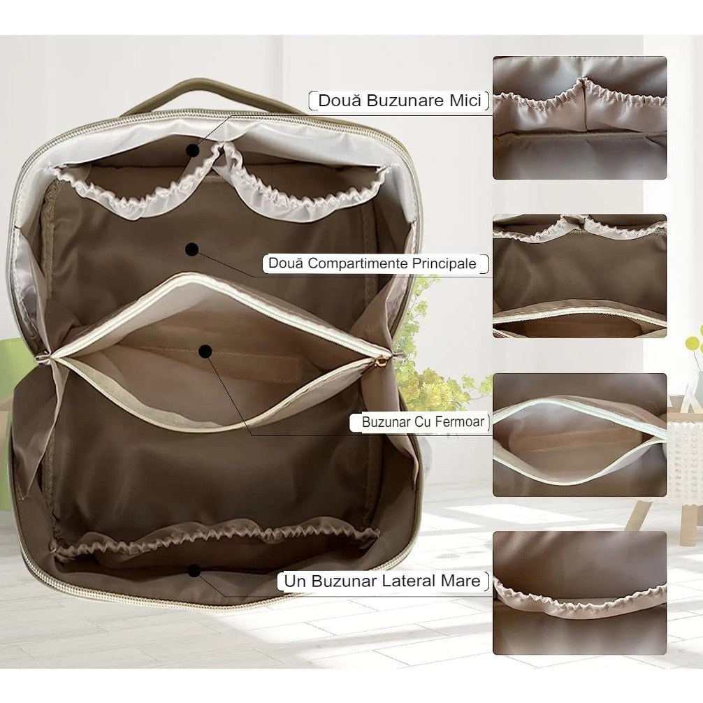 Geanta De Calatorie Pentru Cosmetice, Portabila, Impermeabila, Din Piele Ecologica, Compartimente Multiple, Cu Fermoar, Crem - vivimall.ro
