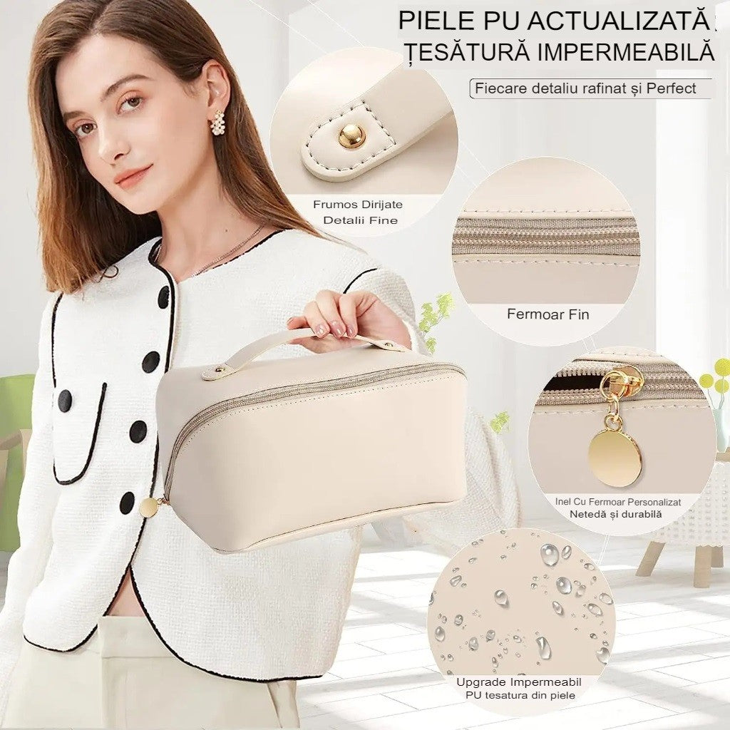 Geanta De Calatorie Pentru Cosmetice, Portabila, Impermeabila, Din Piele Ecologica, Compartimente Multiple, Cu Fermoar, Crem - vivimall.ro
