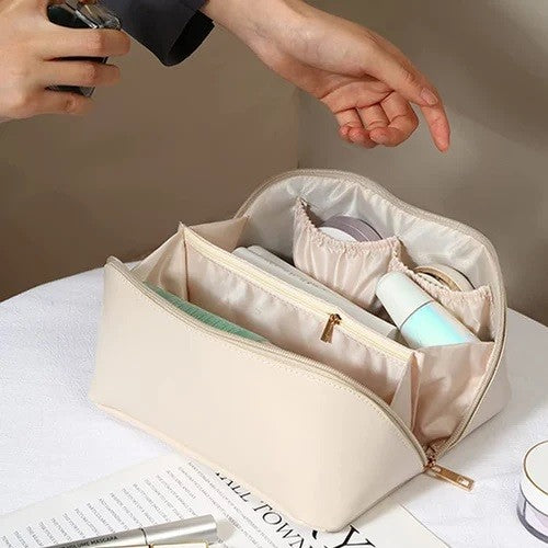 Geanta De Calatorie Pentru Cosmetice, Portabila, Impermeabila, Din Piele Ecologica, Compartimente Multiple, Cu Fermoar, Crem - vivimall.ro