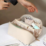 Geanta De Calatorie Pentru Cosmetice, Portabila, Impermeabila, Din Piele Ecologica, Compartimente Multiple, Cu Fermoar, Crem - vivimall.ro