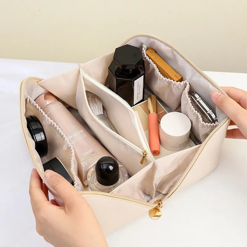 Geanta De Calatorie Pentru Cosmetice, Portabila, Impermeabila, Din Piele Ecologica, Compartimente Multiple, Cu Fermoar, Crem - vivimall.ro