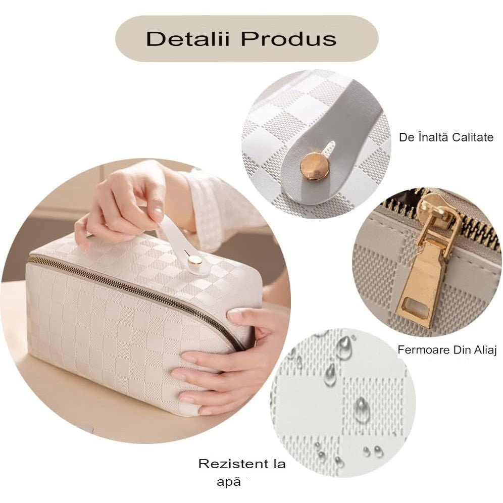 Interior geantă cosmetice piele ecologică cu compartimente multiple, organizare produse