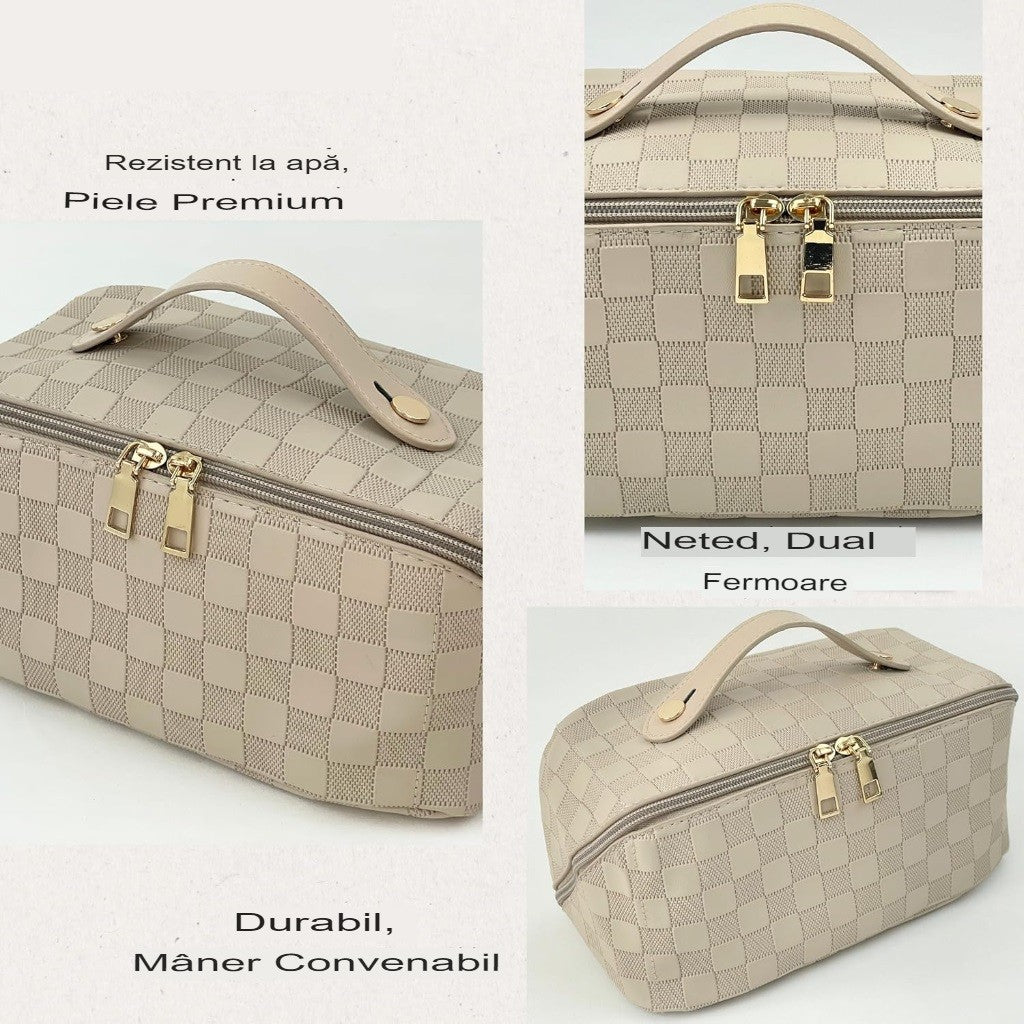 Geantă voiaj cosmetice carouri alb, vedere laterală, format compact portabil 22 cm