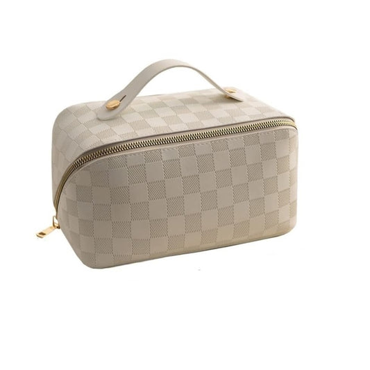 Geanta de Calatorie Vivimall, Pentru Cosmetice, Portabila, Impermeabila, din Piele Ecologica, Compartimente Multiple, cu Fermoar, 22 x 13 x 12.5 cm, In Carouri, Alb - vivimall.ro