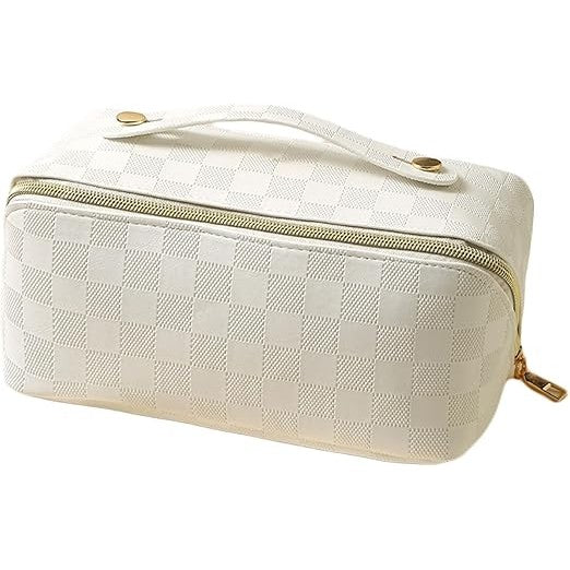 Geanta de Calatorie Flippy, Pentru Cosmetice, Portabila, Impermeabila, din Piele Ecologica, Compartimente Multiple, cu Fermoar, 22 x 13 x 12.5 cm, In Carouri, Alb