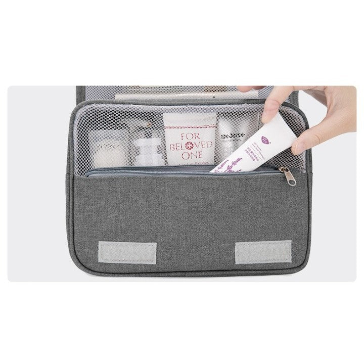 Geanta cosmetice voiaj, Vivimall, material panza, impermeabil, 3 compartimente, cu agatatoare, Gri, 47 x 28 x 20   cm - vivimall.ro