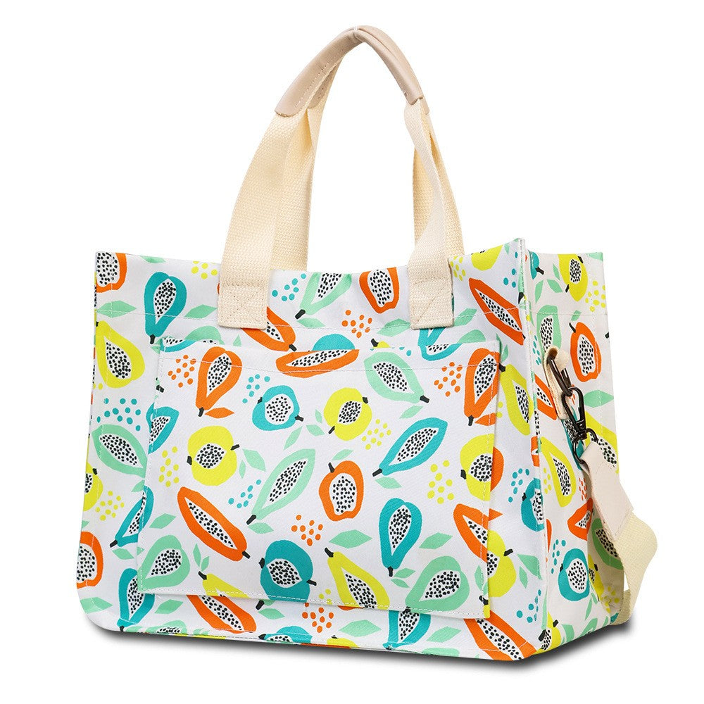 Geanta de Mana/Umar, Multifunctionala, Vivimall, Inchidere cu Capsa, Imprimeu Fructe, Material Textil, 33.5 x 25 x 14.5 cm, Multicolor - vivimall.ro