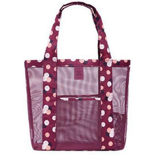 Geanta de Plaja, Flippy, din Plasa Transparenta, Imprimeu Floral, 43 x 10 x 33 cm, Model pentru Umar, Lungime Inferioara 33 cm, Burgundy