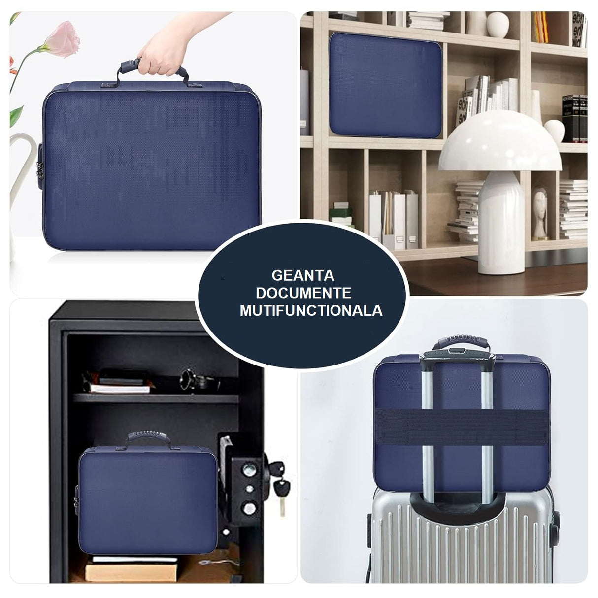 Geanta Vivimall pentru Depozitare Acte si Documente, Facturi, Carduri, cu Cod de Securitate, 2 Compartimente, Impermeabila, 37 x 10.5 x 27 cm, Albastru Marin - vivimall.ro