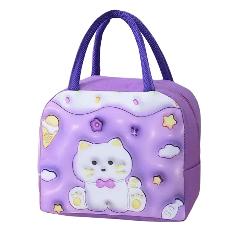 Geantă Frigorifică, Flippy, cu Desene Animate 3D, Portabilă pentru Copii, de Prânz, din Pânză Oxford, 23x13x19 cm, Model Pisicuta, Mov