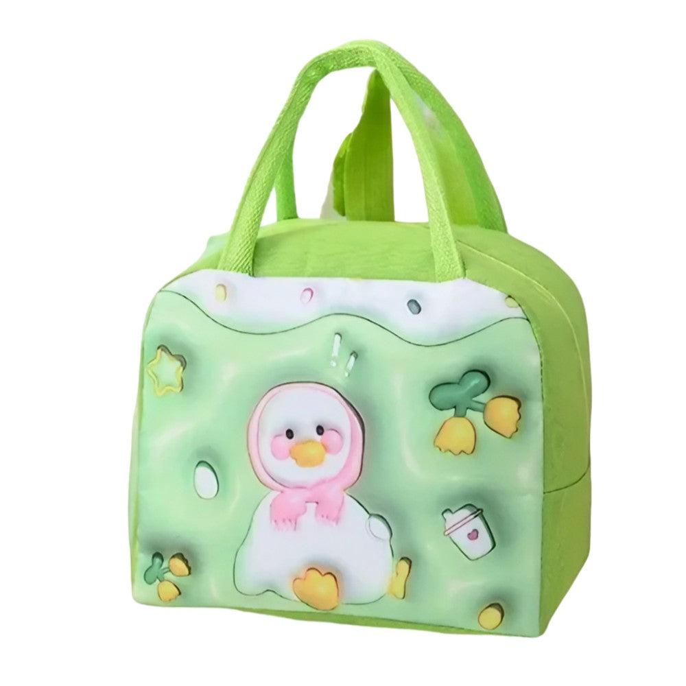 Geantă Frigorifică, Vivimall, cu Desene Animate 3D, Portabilă pentru Copii, de Prânz, din Pânză Oxford, 23x13x19 cm, Model Ratusca, Verde - vivimall.ro