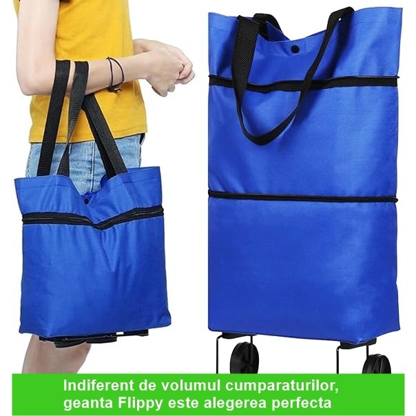 Geanta Pliabila, 2 In 1, Carucior Cu Roti, Pentru Cumparaturi, 19 L, Plastic, 39 X 46 X 12 Cm - vivimall.ro