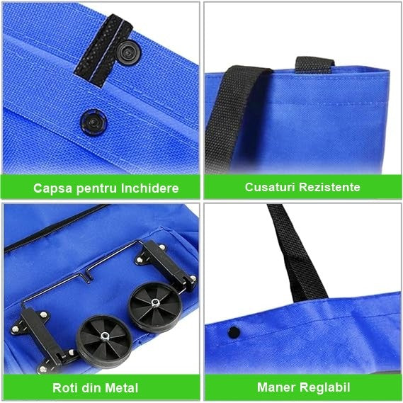 Geanta Pliabila, 2 In 1, Carucior Cu Roti, Pentru Cumparaturi, 19 L, Plastic, 39 X 46 X 12 Cm - vivimall.ro