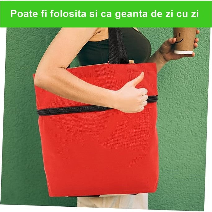 Geanta Pliabila, 2 In 1, Carucior Cu Roti, Pentru Cumparaturi, 19 L, Plastic, 39 X 46 X 12 Cm - vivimall.ro