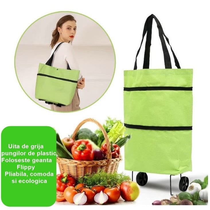 Geanta Pliabila, 2 In 1, Carucior Cu Roti, Pentru Cumparaturi, 19 L, Plastic, 39 X 46 X 12 Cm - vivimall.ro