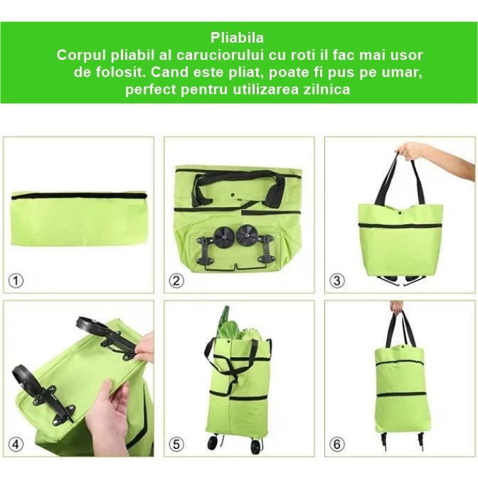 Geanta Pliabila, 2 In 1, Carucior Cu Roti, Pentru Cumparaturi, 19 L, Plastic, 39 X 46 X 12 Cm - vivimall.ro