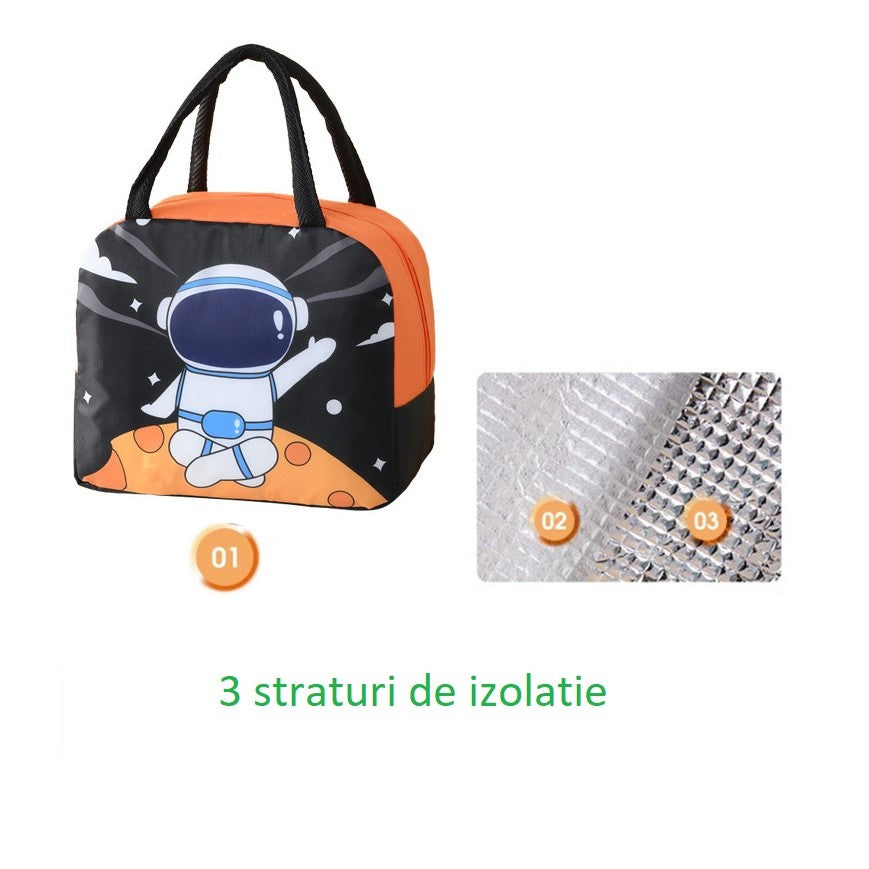 Geanta Termoizolanta pentru Copii, Vivimall, 23x13x19 cm, Model Imprimeu Astronaut, din Folie de Aluminiu si Panza Oxford, Negru/Portocaliu - vivimall.ro