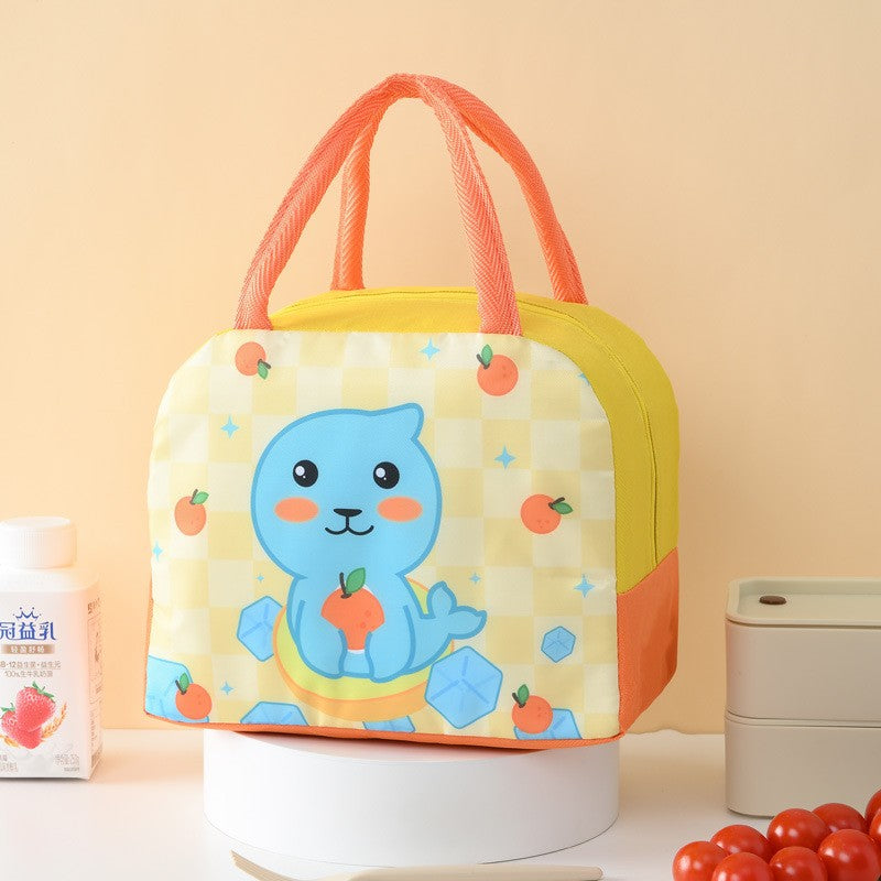 Geanta Termoizolanta pentru Copii, Vivimall, 23x13x19 cm, Model Imprimeu Foca, din Folie de Aluminiu si Panza Oxford, Galben/Portocaliu - vivimall.ro