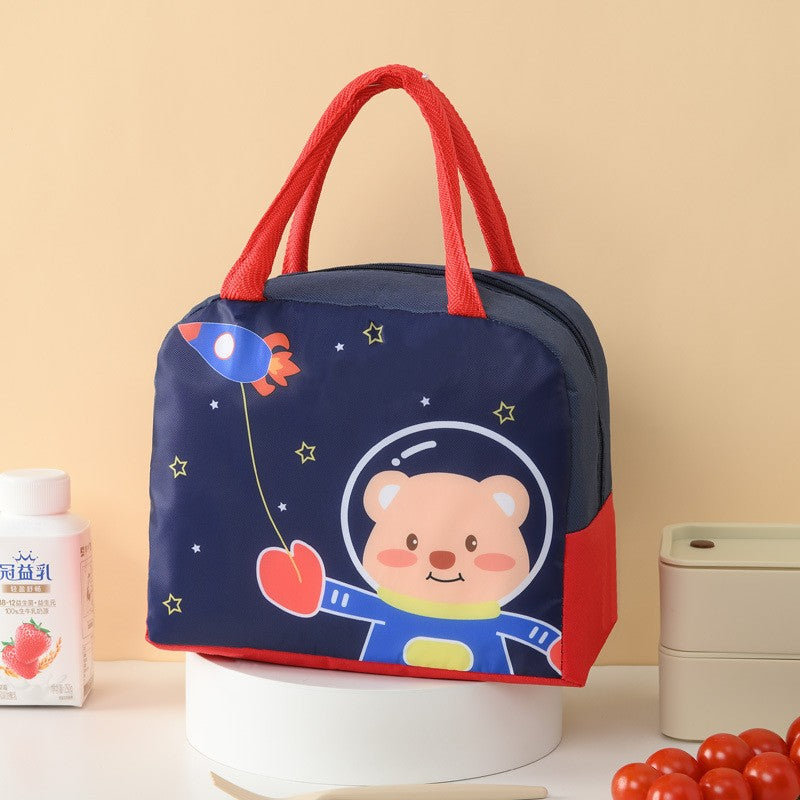 Geanta Termoizolanta Pentru Copii, 23X13X19 Cm, Model Imprimeu Ursulet Astronaut, Din Folie De Aluminiu Si Panza Oxford, Albastru/Rosu - vivimall.ro