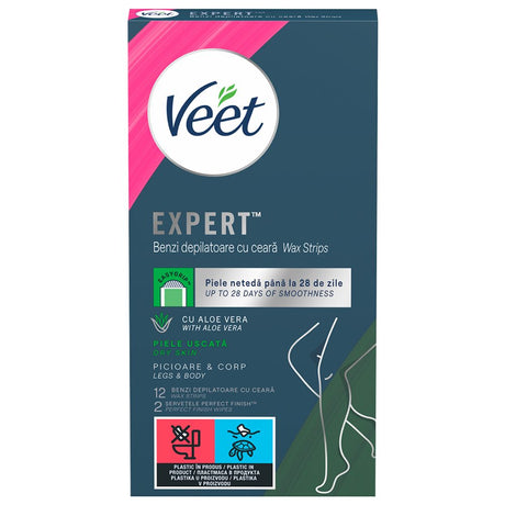 Benzi ceară depilatoare corp Veet Easy, 12 bucăți, potrivite pentru toate tipurile de piele, vedere frontală ambalaj