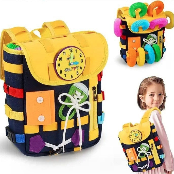 Ghiozdan Montessori, Flippy, pentru Copii 2-6 ani, Fidget Pop, cu Catarame si Fermoare, Jucarii Senzoriale, Activitate de Invatare prin Joc, Albastru Marin, 0.25 kg, 28x10x23 cm