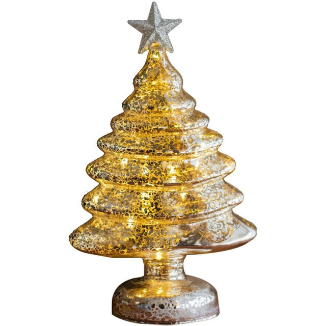 Decoratiune de Craciun, Flippy, Model Brad cu Stea, din Sticla, Lumini, Baterii 3 AA, 22 x 9 cm, Auriu - vivimall.ro