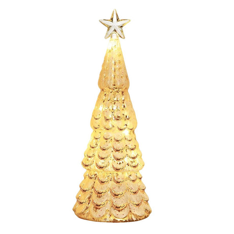 Decoratiune de Craciun, Flippy, Model Brad cu Stea, din Sticla, Lumini, Baterii 3 AA, 24 x 8 cm, Auriu - vivimall.ro