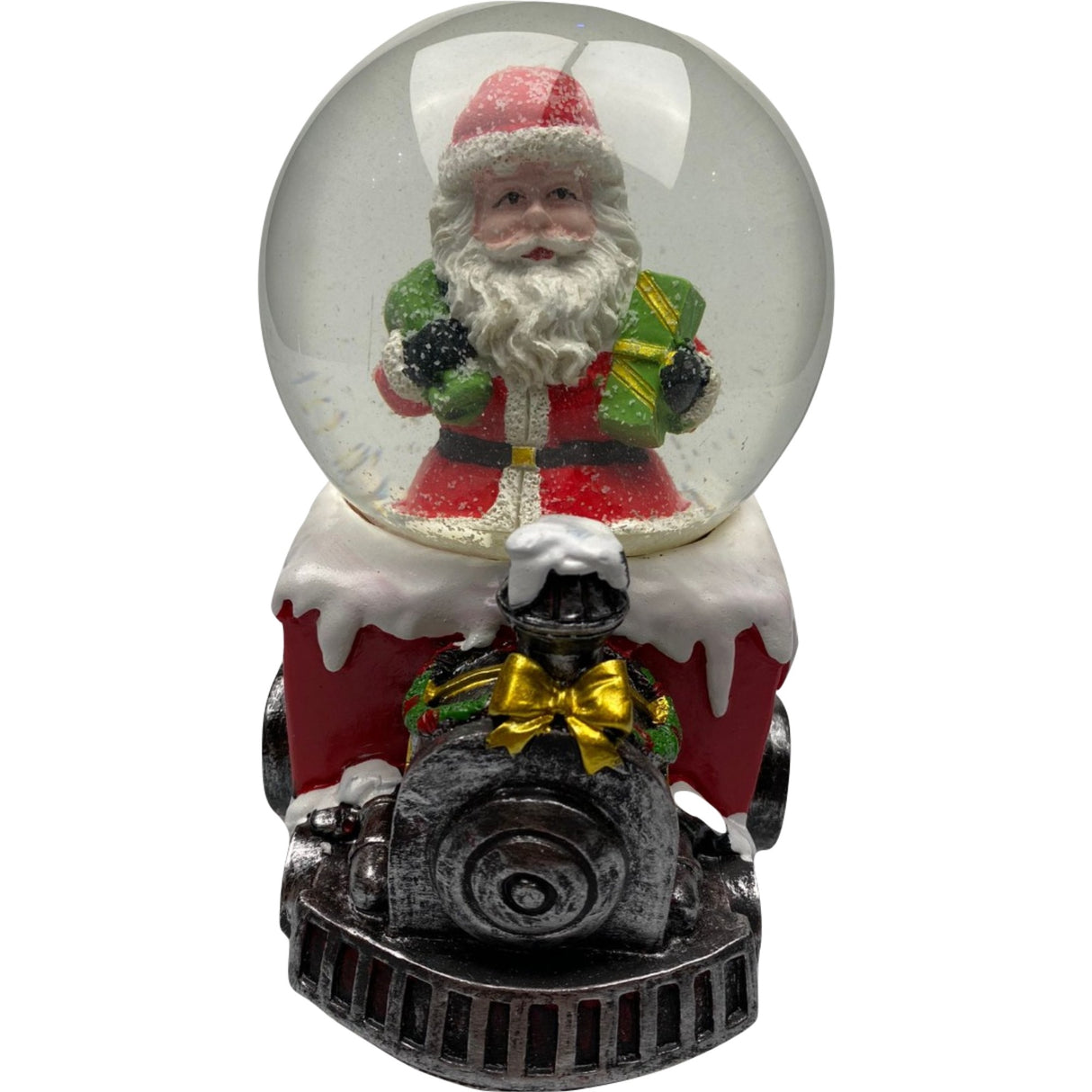 Decoratiune muzicala glob cu zapada, Mos Craciun pe tren, 10x13 cm, multicolor