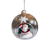 Glob pandativ transparent pentru brad de Crăciun, model Moș Crăciun cu brăduți, vedere laterală în context festiv