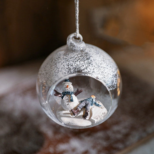 Glob pentru Bradul de Craciun, Vivimall, Model Om de Zapada si Omulet, Tip Pandativ, Glob Transparent Semi-Deschis, 10.5 x 9 x 9 cm, Transparent - vivimall.ro