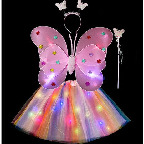Costum Fluturas cu Aripi Modelabile Luminoase pentru Copii, Flippy, Fusta din Tul cu Lumini, Bagheta si Bentita, 4 piese, Pentru Halloween, Roleplay, Craciun, Carnaval, Paste, Ziua Copilului, Bumbac/Poliester, Marime universala, Curcubeu