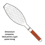 Gratar Grill Inox pentru Peste, Vivimall, cu Maner, de Dimensiuni Reduse, Usor de Transportat si Depozitat, Argintiu, 56x12 cm - vivimall.ro
