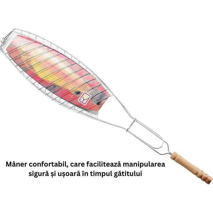 Gratar Grill Inox Pentru Peste, Cu Maner, De Dimensiuni Reduse, Usor De Transportat Si Depozitat, Argintiu, 56X12 Cm - vivimall.ro