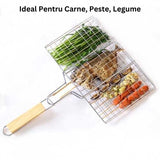 Gratar pentru Peste si Carne, Vivimall, Suprafata Utila 32x19 cm, Otel Inoxidabil, cu Maner, Portabil, Argintiu - vivimall.ro