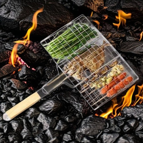 Gratar Pentru Peste Si Carne, Suprafata Utila 32X19 Cm, Otel Inoxidabil, Cu Maner, Portabil, Argintiu - vivimall.ro