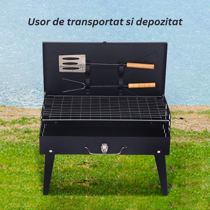 Gratar Portabil, Pliabil, Tip Servieta, Cu Accesorii Pentru Gatit Incluse, Confectionat Din Metal, 46X43X26 Cm, Negru - vivimall.ro