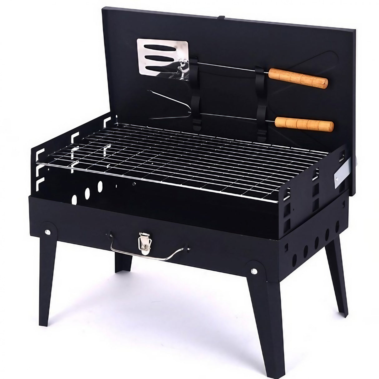 Gratar Portabil, Pliabil, Tip Servieta, Cu Accesorii Pentru Gatit Incluse, Confectionat Din Metal, 46X43X26 Cm, Negru - vivimall.ro
