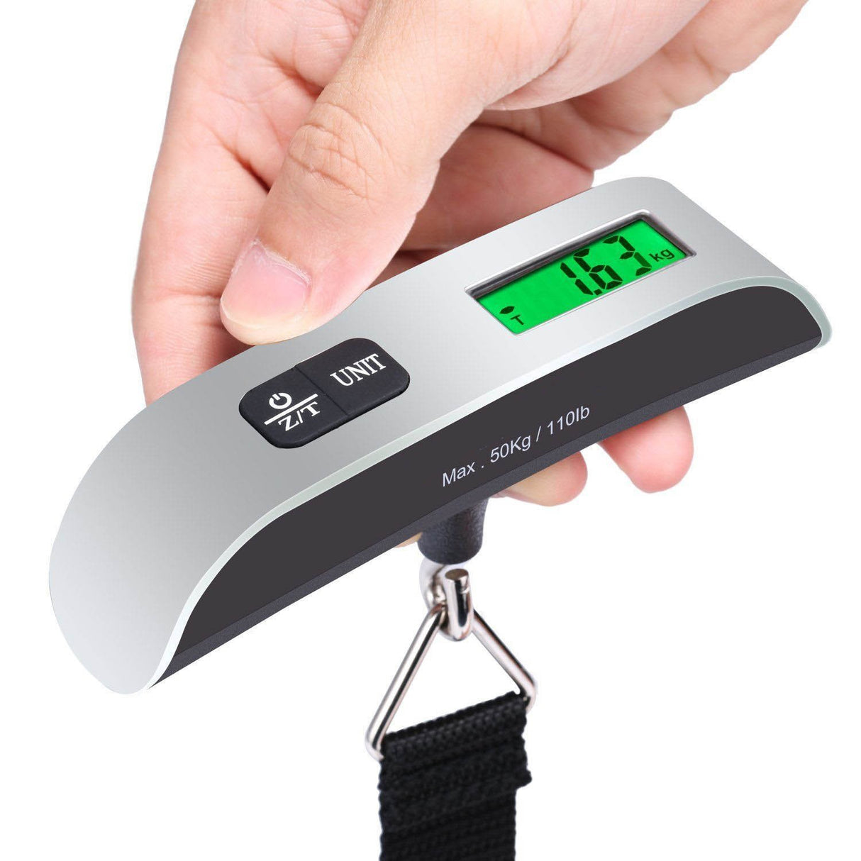 Cantar Digital De Mana Curea, Cantar Portabil, Cantarire Bagaje, Capacitate 50 Kg, Functie De Tara, 12.5 X 2.8 X 2.8 Cm, Alb-Negru - vivimall.ro