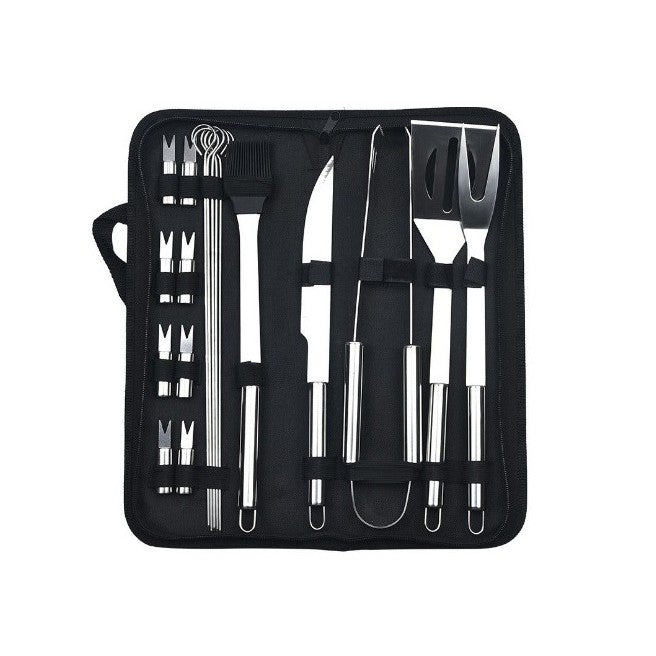 Set 18 Ustensile Pentru Gratar, Din Otel Inoxidabil, Geanta Oxford, Argintiu - vivimall.ro