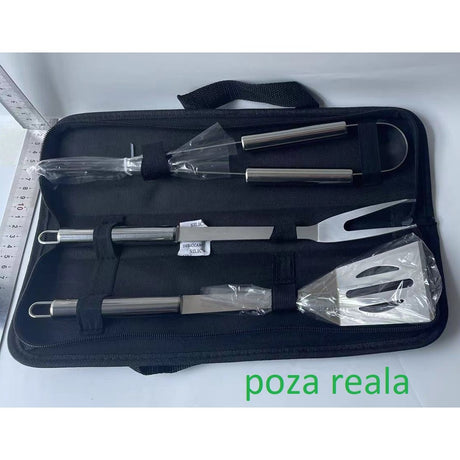 Set 3 Ustensile pentru Gratar, Vivimall, din Otel Inoxidabil, Geanta Oxford, Argintiu - vivimall.ro