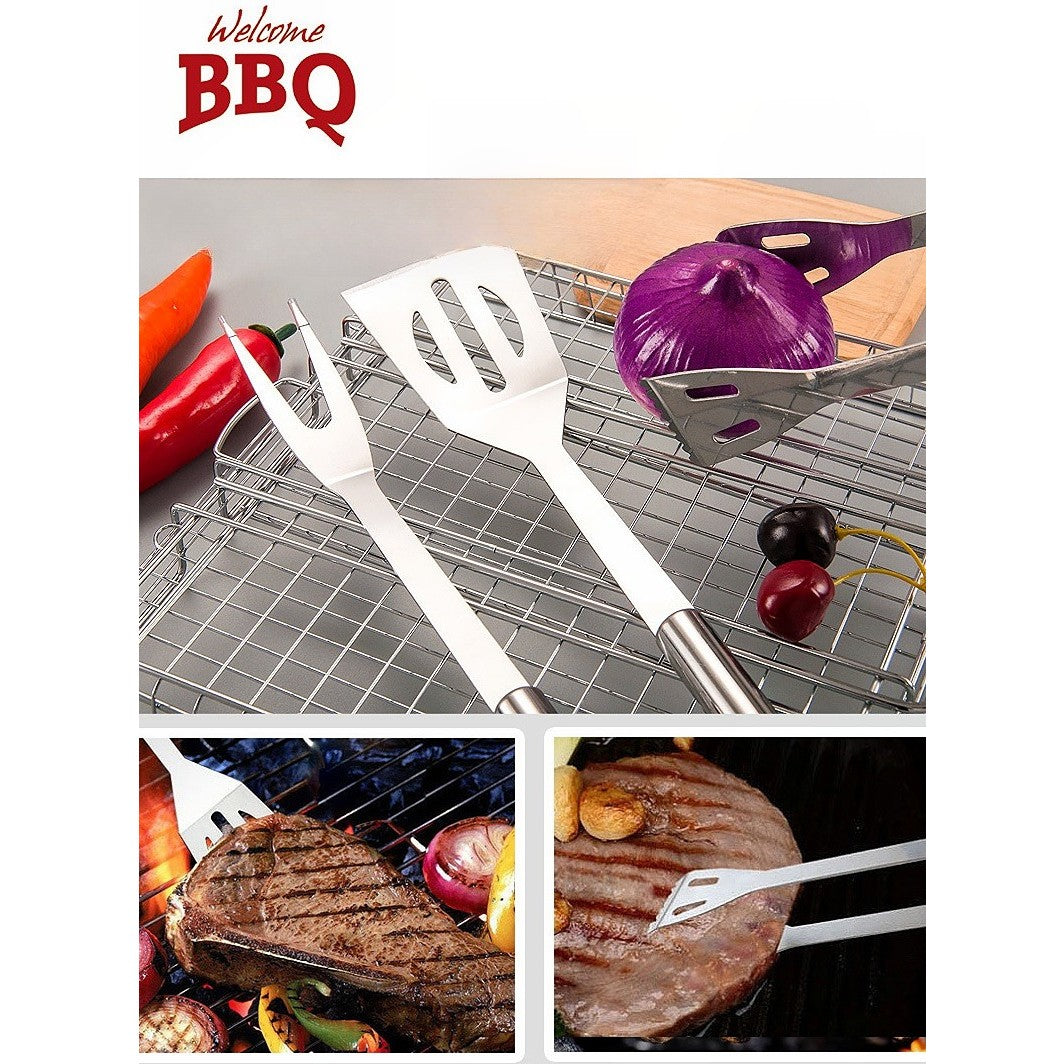 Set 3 Ustensile Pentru Gratar, Din Otel Inoxidabil, Geanta Oxford, Argintiu - vivimall.ro