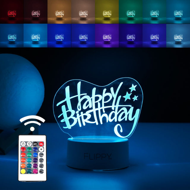 Lampa LED decorativa, Vivimall, 3D, Happy Birthday, cu USB si baterii, 20 cm inaltime, din material acril, lumina multicolora si telecomanda inclusa, alb - vivimall.ro