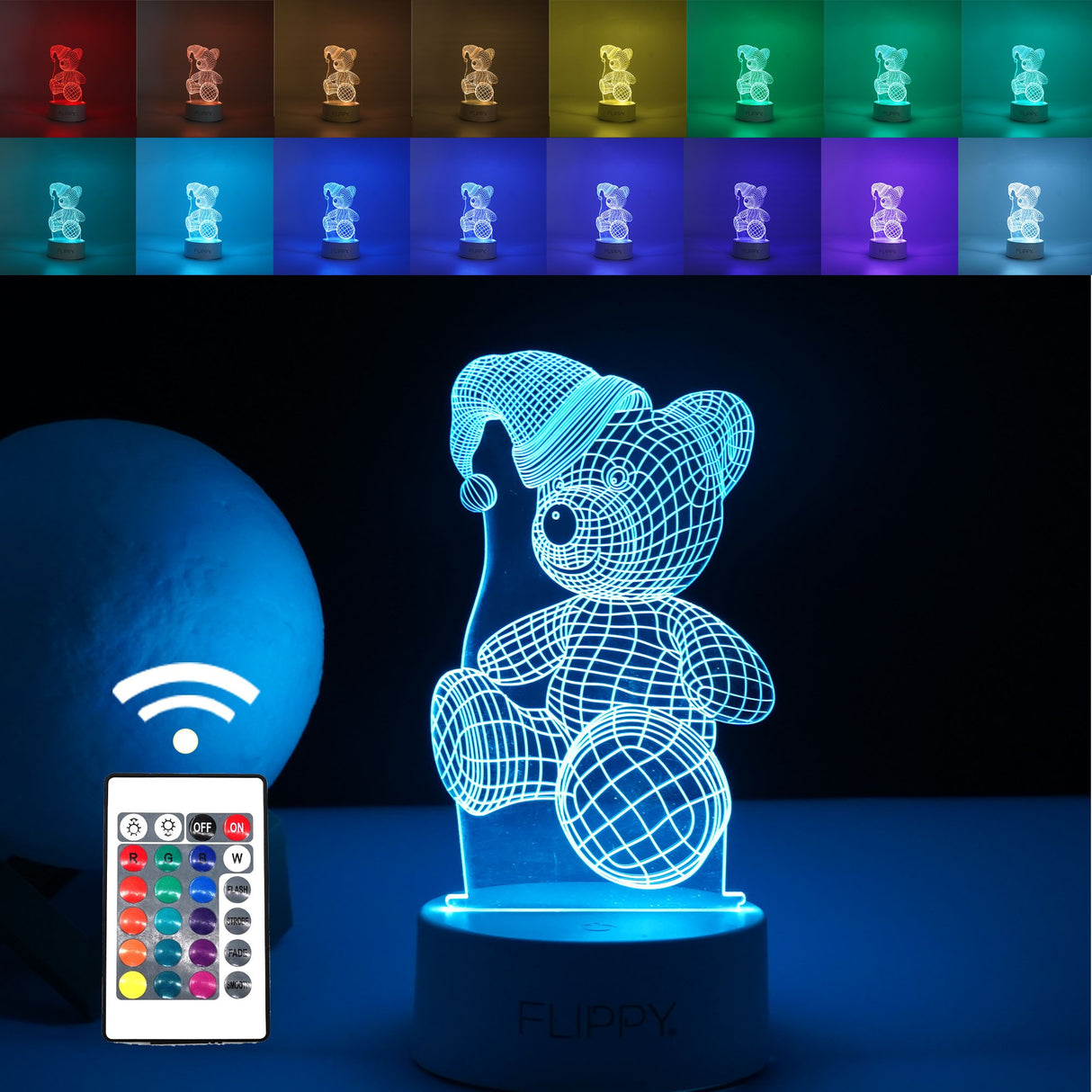 Lampa Led Decorativa, 3D, Urs Cu Palarie, Cu Telecomanda, Doua Moduri De Alimentare Usb Si Baterii, 20 Cm Inaltime, Din Material Acril Si Lumina A, Alb - vivimall.ro