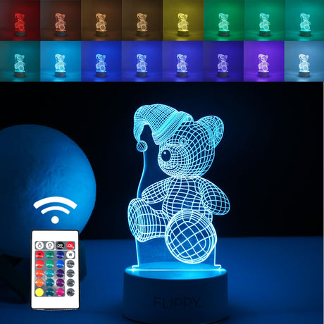 Lampa LED decorativa, Vivimall, 3D, Urs cu palarie, cu telecomanda, doua moduri de alimentare USB si baterii, 20 cm inaltime, din material acril si lumina multicolora, alb - vivimall.ro
