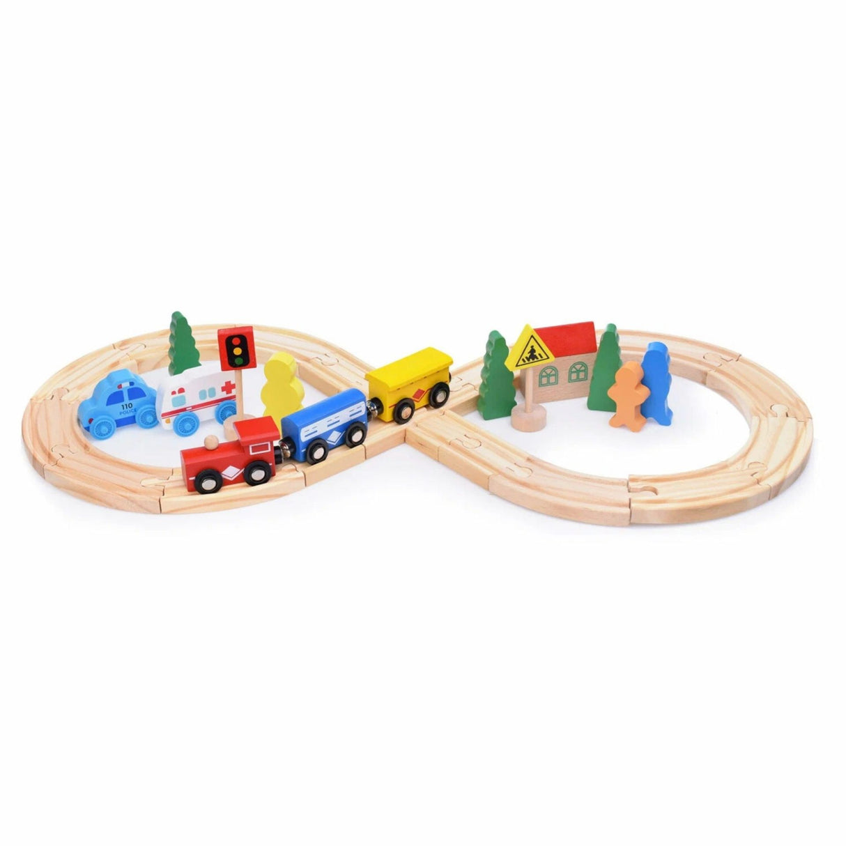Set circuit trenulet din lemn Flippy 33 piese, vedere de ansamblu cu toate accesoriile incluse