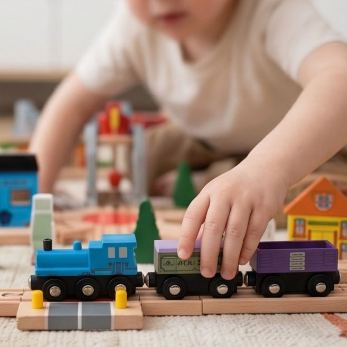 Accesorii oraș din setul Flippy 118 piese: macarale, clădiri și figurine pentru circuit tren lemn