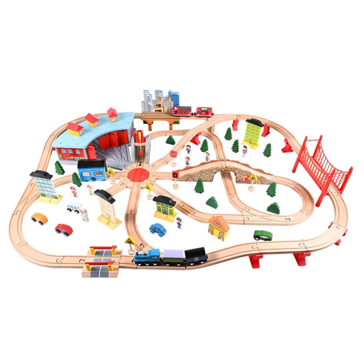 Circuit trenuleț din lemn Flippy 118 piese, vedere de ansamblu cu locomotivă electrică și depou central